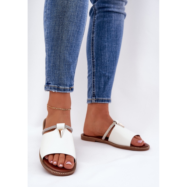 Öko -Leder flach -gekräuselt Flip Flops mit einem dekorativen Riemen weiß 2