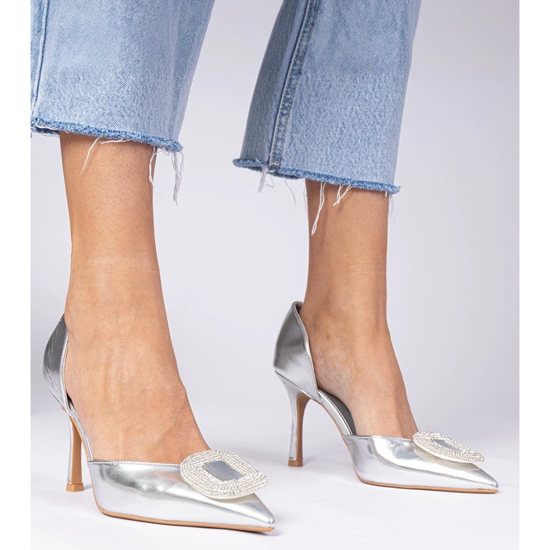 Metallic Silber High Heels mit Zirkonen dekoriert 1