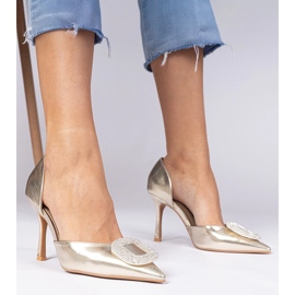 Metallische goldene High Heels mit Zirkonen dekoriert 1