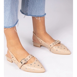 Beige Frauen flache Absätze mit offener Ferse und Strasssteinen 2