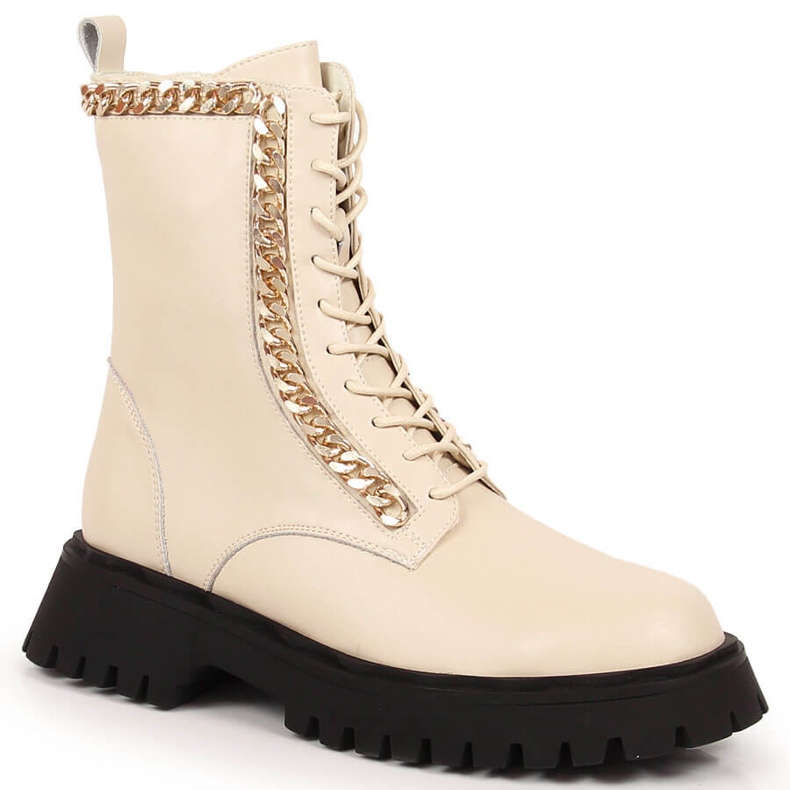 Damen-Stiefeletten aus Leder mit Kette, isoliert beige Artiker 1