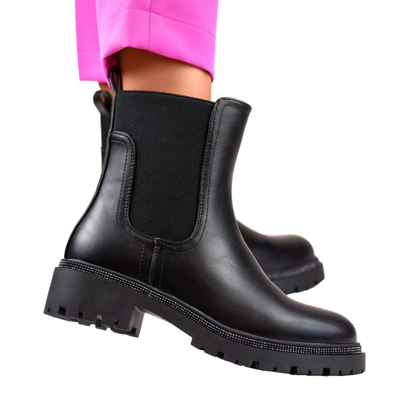Isolierte Chelsea-Stiefel für Damen mit Zirkonen, schwarz RXJ-210B 1
