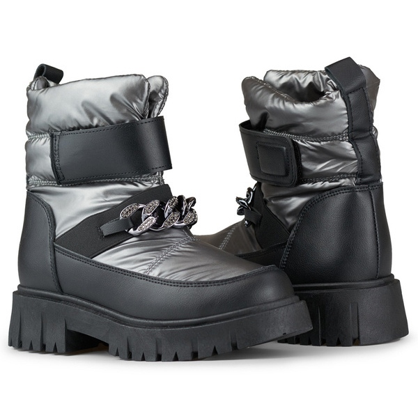 Damen-Schneestiefel mit Kette und Klettverschluss, Metallic-Silber JH-5SI 2