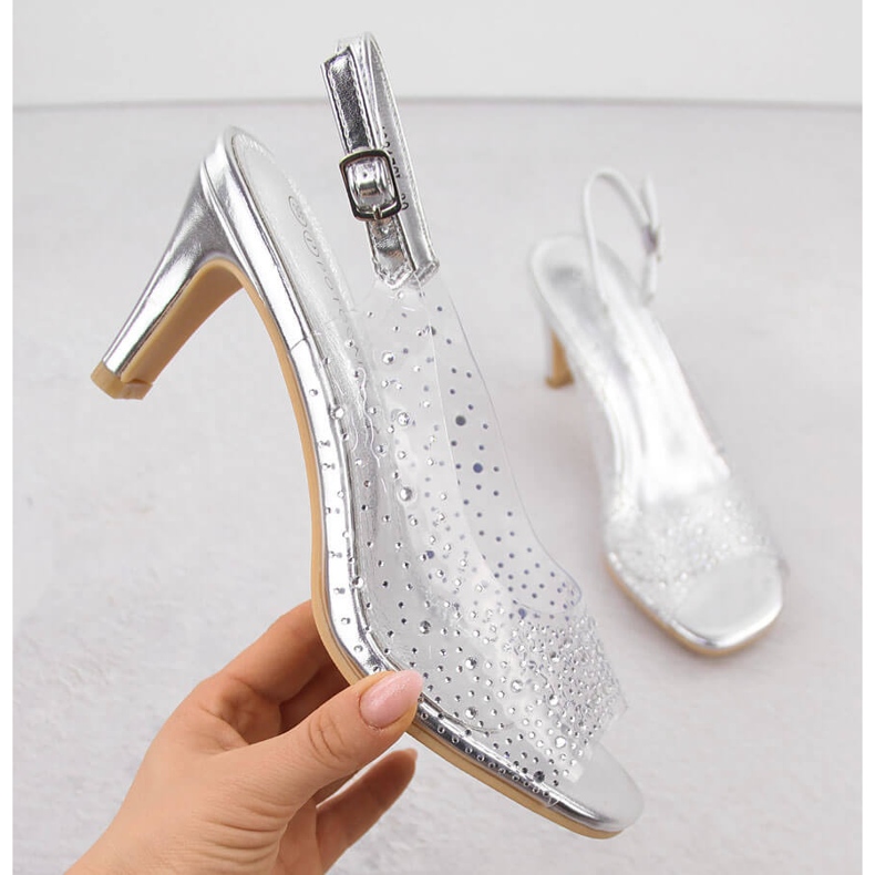 Transparente Damensandalen mit hohen Absätzen und silbernen Zirkonen Potocki WS43317 silber- 1
