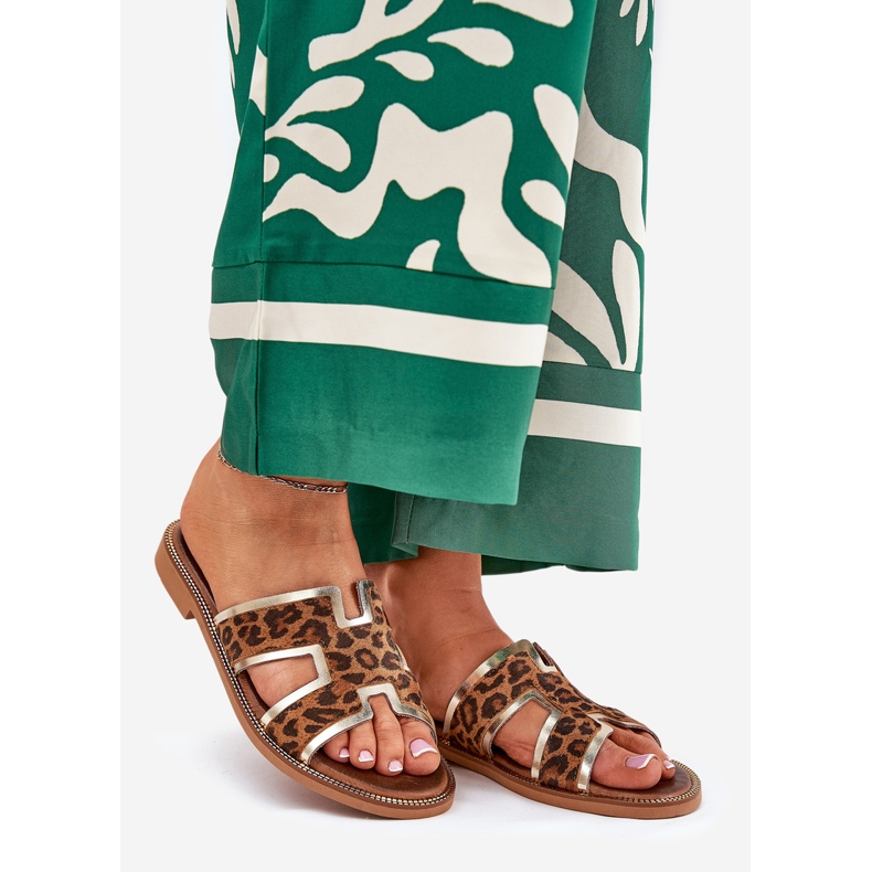 Leder flacher Leopard Flip Flops Zazoo 40383 Brown braun 1