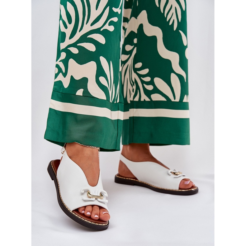 Flach -gekräuselte Sandalen mit Dekoration Eco Leder Weiß 2