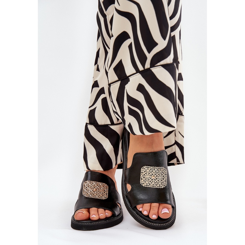 Jezzi Damenflip Flops auf Anchoic Lederkeil mit Dekoration schwarz 2