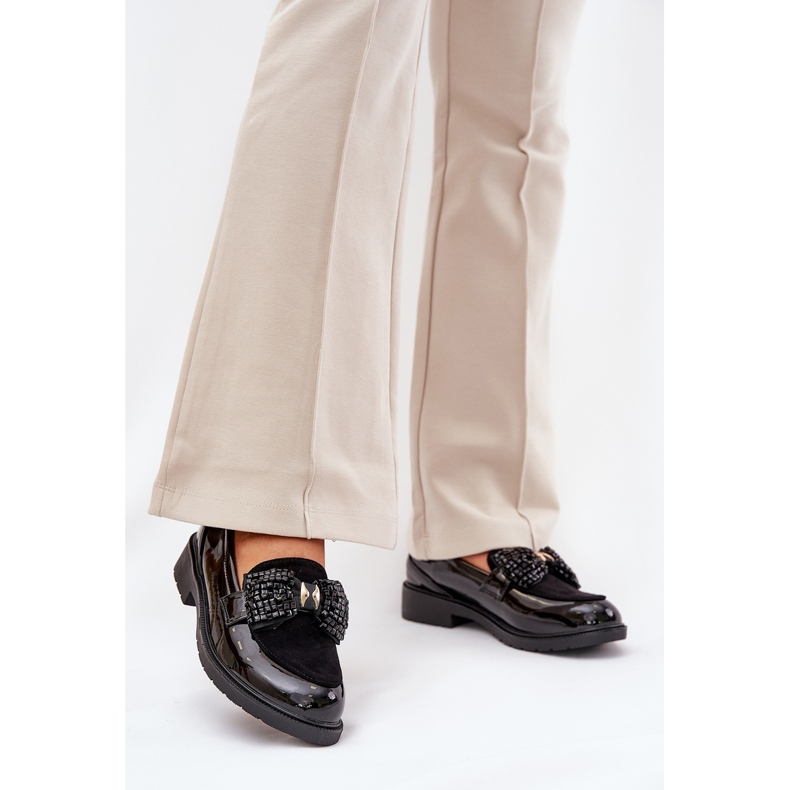 Bemalten Frauenmokassins mit einem Bogen S.Barski Hy51-319 Schwarz 2