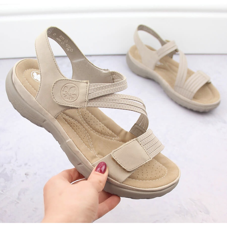 Bequeme Damensandalen mit Klettverschluss und Gummibändern, beige Rieker 64870-62 1