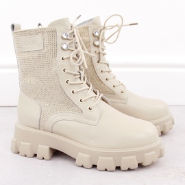 Damen-Lederstiefeletten mit Strasssteinen, beige Goe OO2N4108 2