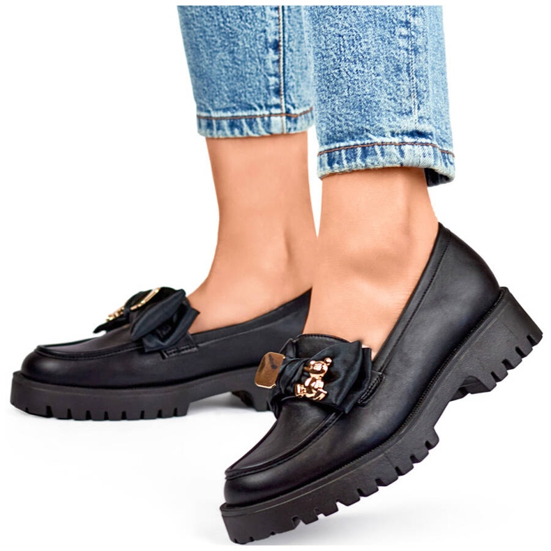 Damen-Loafer mit Schleife, Mokassins mit Teddybär, schwarz 2306B 1