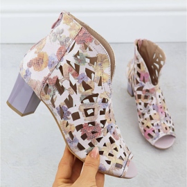 Openwork für Frauen offene Toegstiefel mit Blumen M. Daszyński MR1954-15 rosa 1