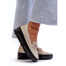 Damen-Mokassins aus glänzendem Leder auf der Plattform mit Dekoration S.Barski LR750 Gold golden 2