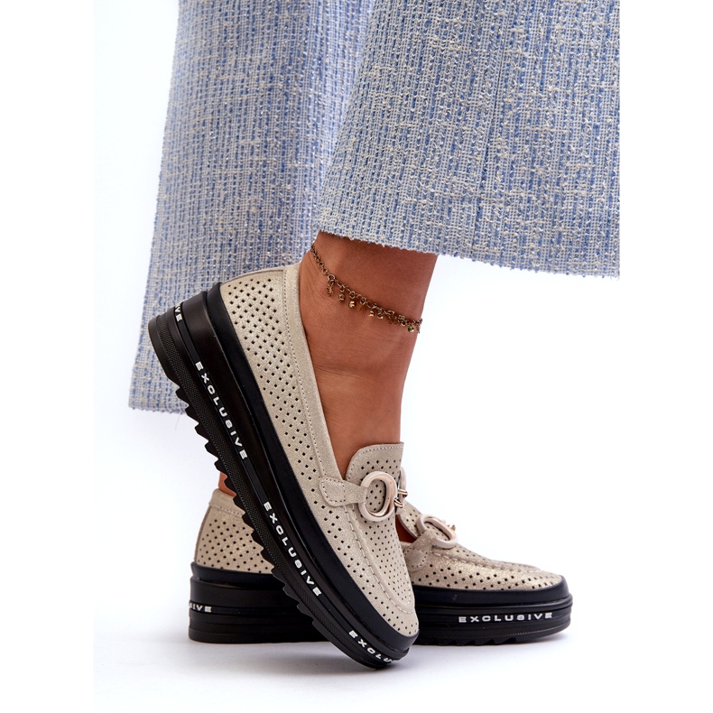 Damen-Mokassins aus glänzendem Leder auf der Plattform mit Dekoration S.Barski LR750 Gold golden 2