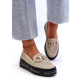 Damen-Mokassins aus glänzendem Leder auf der Plattform mit Dekoration S.Barski LR750 Gold golden 1