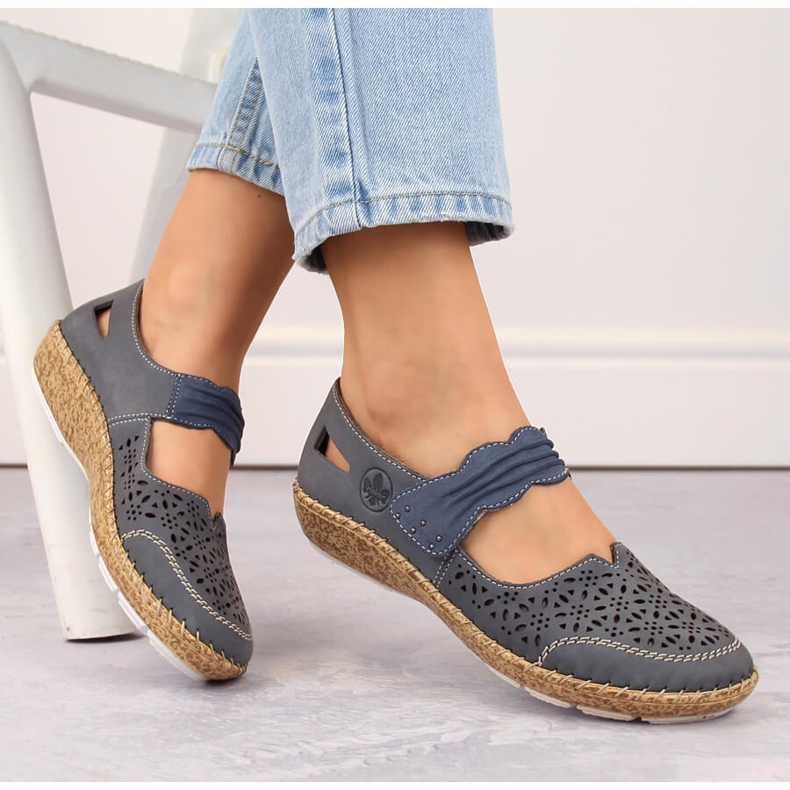 Durchbrochene Damenschuhe aus Leder mit Klettverschluss, blau Rieker 44896-15 1