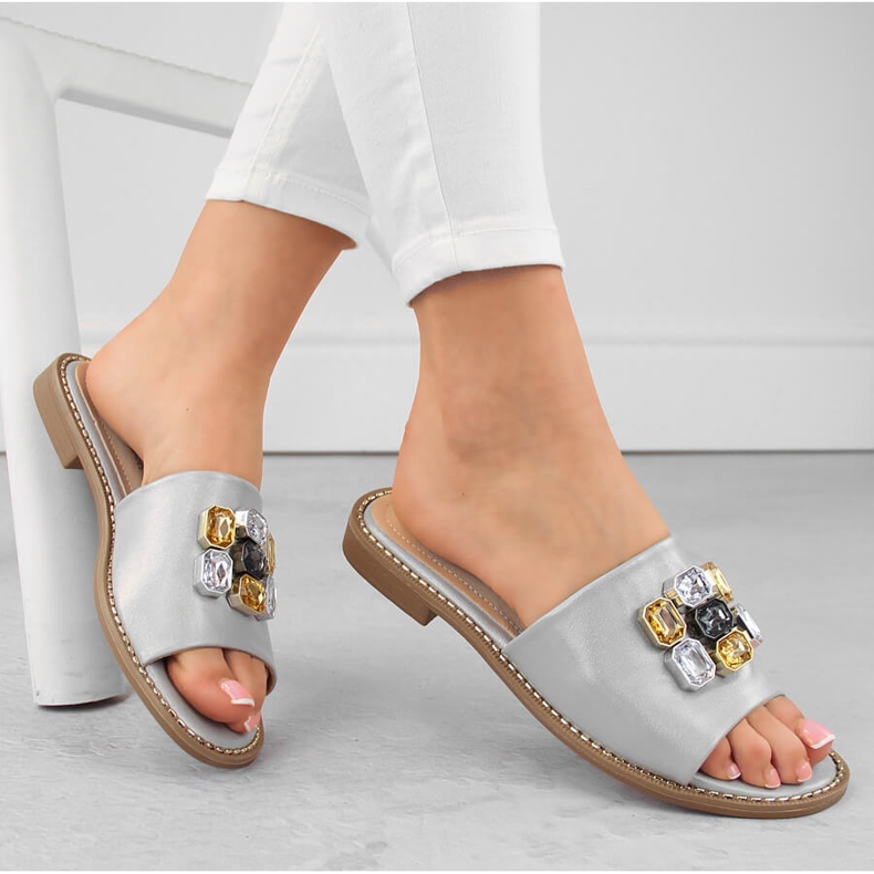 Bequeme silberne Damenhausschuhe mit Zirkonen S.Barski 031 silber- 2