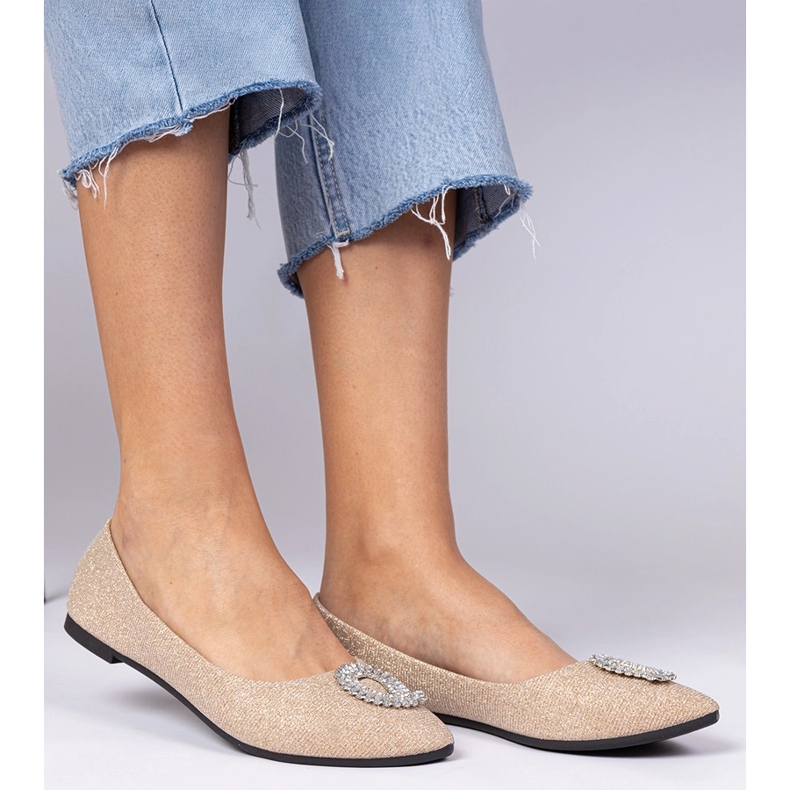 Frauen -Champagner -Glitter -Ballerinas mit Zirkonen golden 1