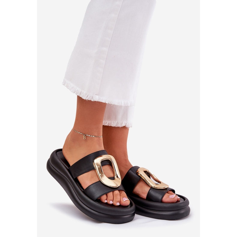 Damenflip Flops auf der Plattform mit goldenem Detail schwarz 1