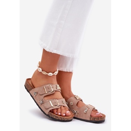 Damenflip Flops auf einer Korksohle mit Khaki -Schnallen und Stiften beige 1
