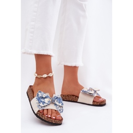 Damenschuhe mit einem Bogen auf der Korkenplattform blau beige 2