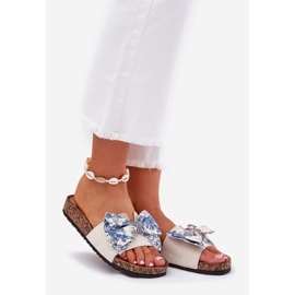 Damenschuhe mit einem Bogen auf der Korkenplattform blau beige 1