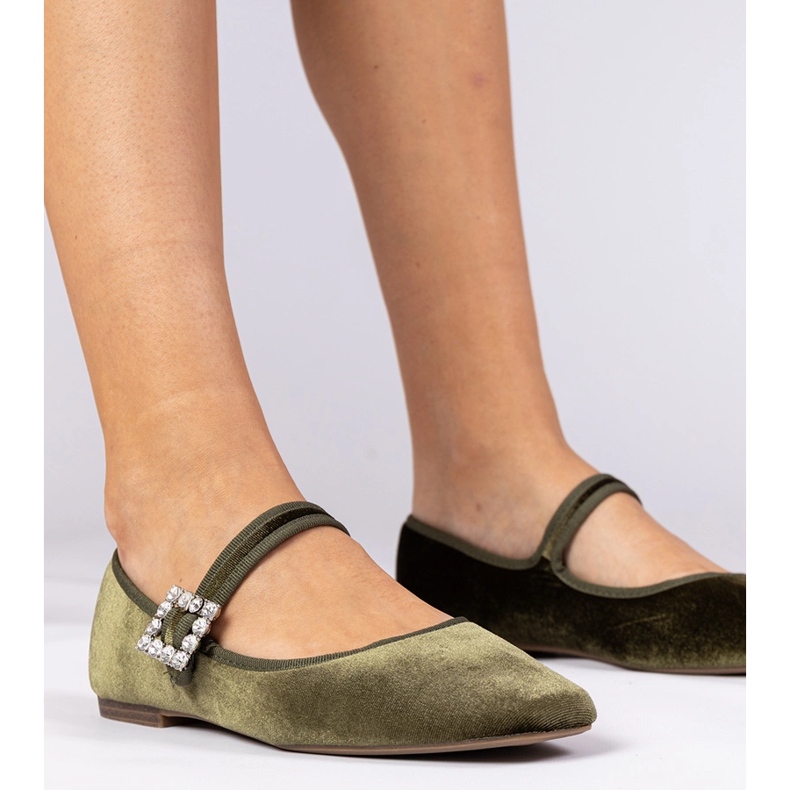 Grüne Frauen Velor Ballerinas mit einer Schnalle 1