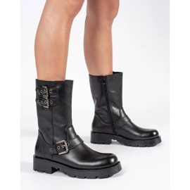 Sergio Leone Schwarze Damen-Lederstiefeletten auf der Plattform, verziert mit Sergio-Leone-Streifen 2