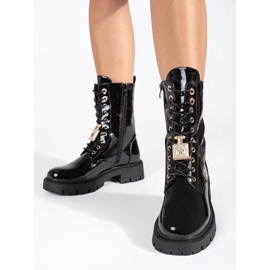 Seastar Schwarze Lack-Worker-Stiefeletten zum Schnüren auf dem Plateau mit Pins 1