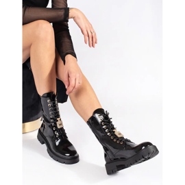 Seastar Schwarze Lack-Worker-Stiefeletten zum Schnüren auf dem Plateau mit Pins 2