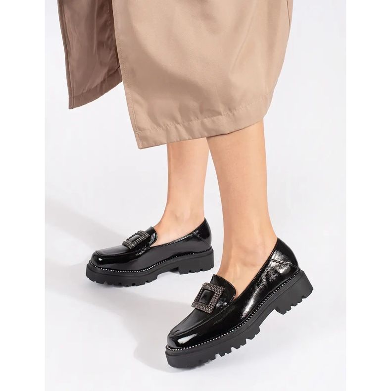 Goodin Schwarze Plateau-Mokassins für Damen, verziert mit einer Schnalle und Strasssteinen 2