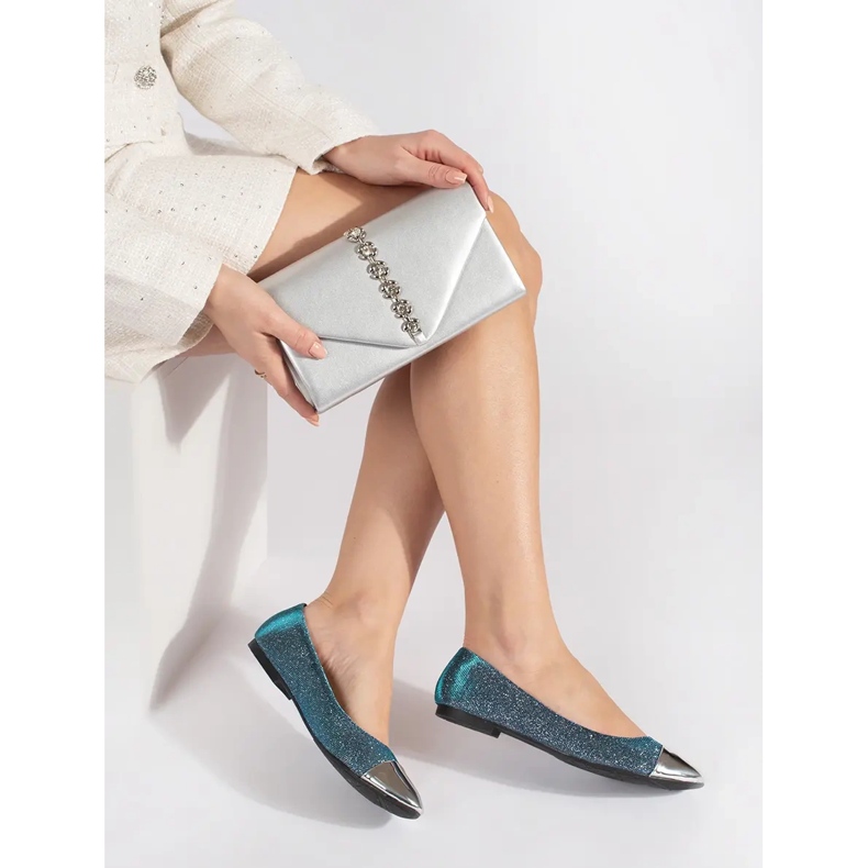 Blaue, glänzende Ballerinas mit silberner Spitze 1