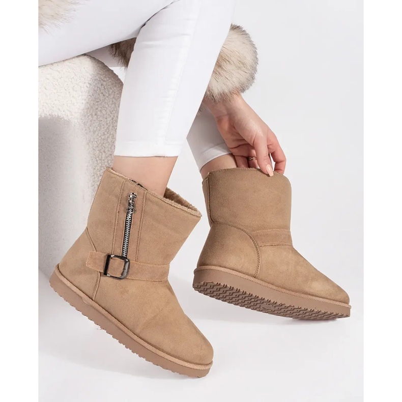 Hellbeige Damen-Schneestiefel mit dekorativer Schnalle und Reißverschluss 1