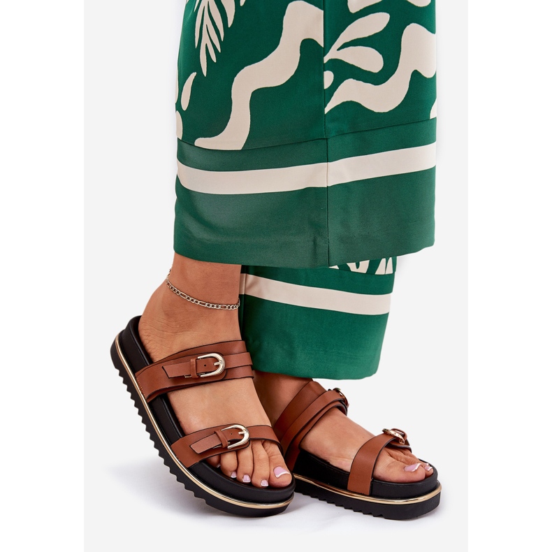 Smooth Damen Flip Flops auf der Plattform mit Streifen und Klemmen Kamel braun 1