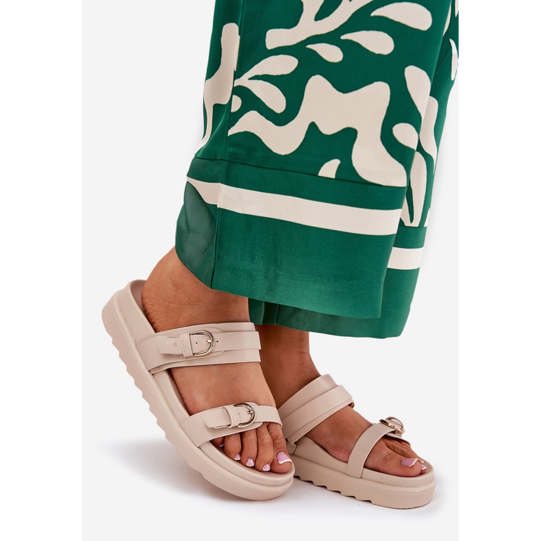 Women's Flip Flops auf der Plattform mit goldenen Schnallen Beige 1