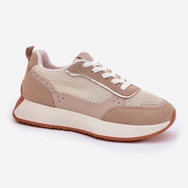 Frauensportschuhe mit einem Netz auf der Khaki -Plattform beige 4