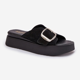 Women's Suede Flip Flops mit einer Schnalle auf der Zazoo 3019 -Plattform schwarz 4