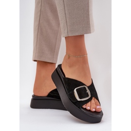 Women's Suede Flip Flops mit einer Schnalle auf der Zazoo 3019 -Plattform schwarz 5