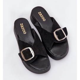 Women's Suede Flip Flops mit einer Schnalle auf der Zazoo 3019 -Plattform schwarz 7