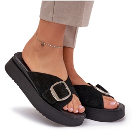 Women's Suede Flip Flops mit einer Schnalle auf der Zazoo 3019 -Plattform schwarz 8