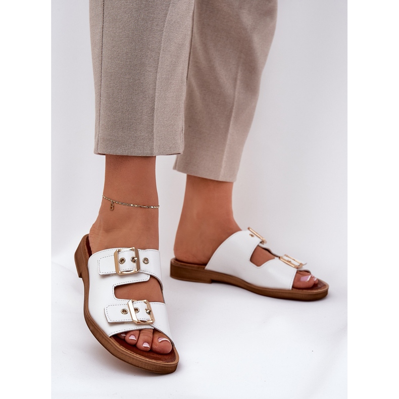 Leder Flat Flip Flops mit Zazoo 3020 weiße Schnallen 2