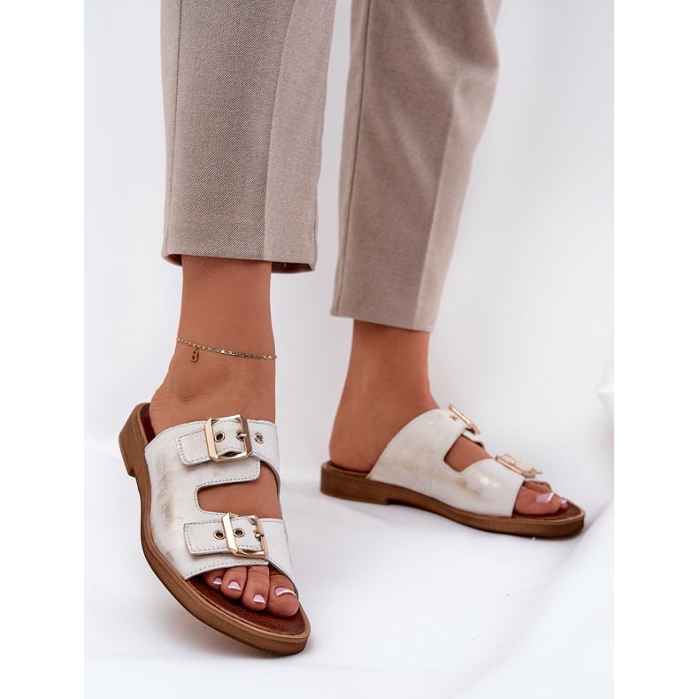 Leder Flat Flip Flops mit Zazoo 3020 Zloty Zloty Wischt golden 2