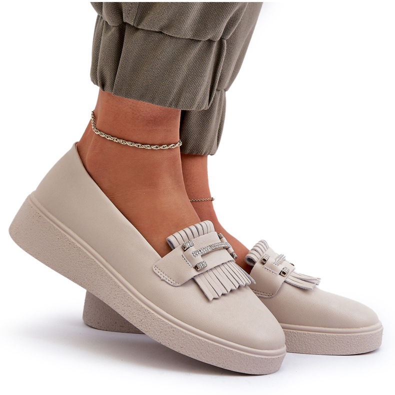 S.Barski Leichte Frauen -Leder -Ladung auf der beige Plattform S. Barski LR590 mit Fransen 6