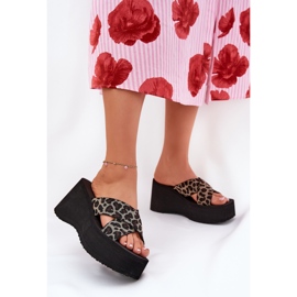 Damenflip Flops auf Keil und Plattform Leopardendruck Schwarz beige 2