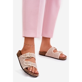 Frauenmaterial Flip Flops auf einer Korkplattform mit beige Schnallen 1