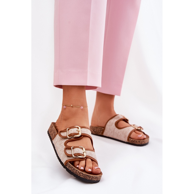 Das Material für Frauen, Flip flops auf einer Korkenplattform mit Kamelschnallen braun 2