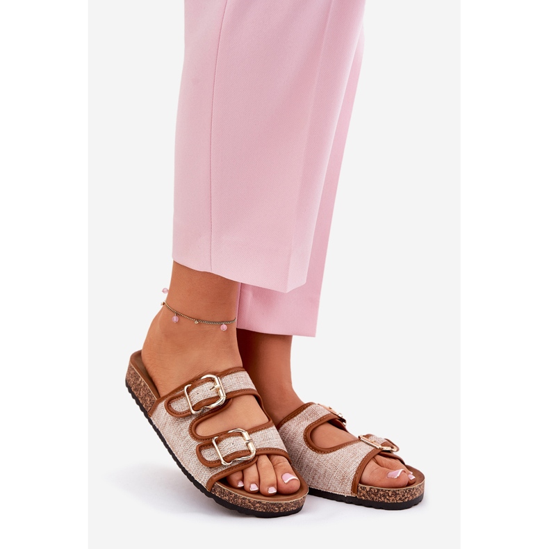 Das Material für Frauen, Flip flops auf einer Korkenplattform mit Kamelschnallen braun 1