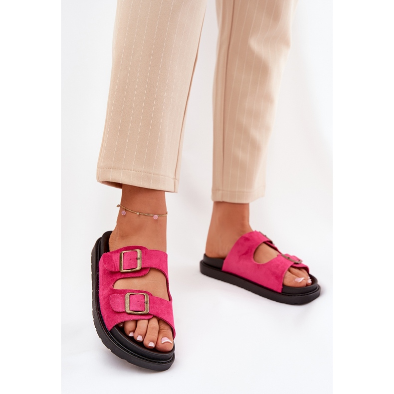 Frauenflip flops auf der Plattform mit Schnallen Fuchsia rosa 2