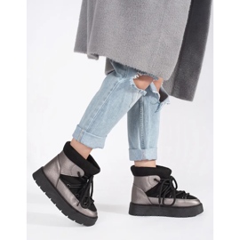 Schwarz-silberne Damen-Schneestiefel zum Schnüren mit dicker Sohle 2