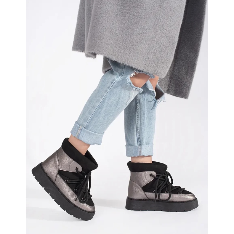 Schwarz-silberne Damen-Schneestiefel zum Schnüren mit dicker Sohle 2